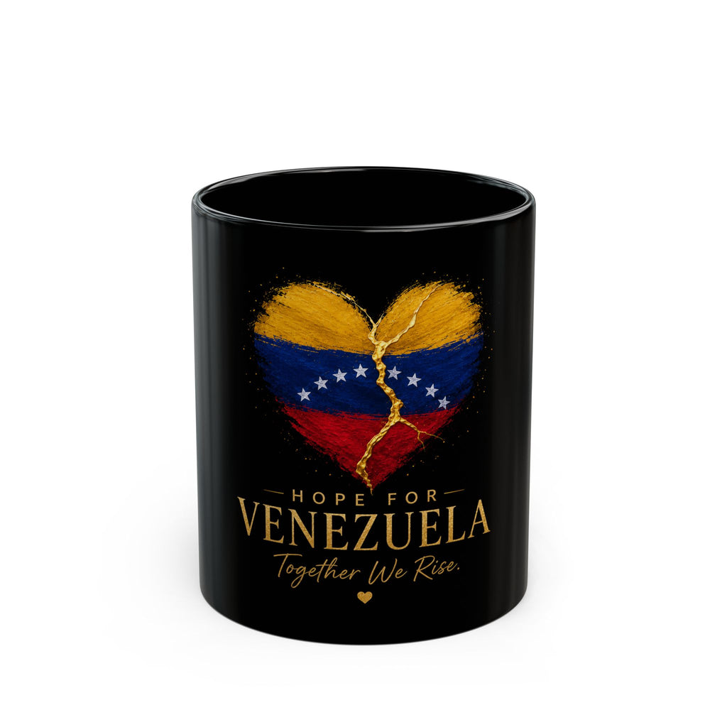 Hope for Venezuela Black Mug – Heart Flag Design “Together We Rise” (11oz & 15oz)