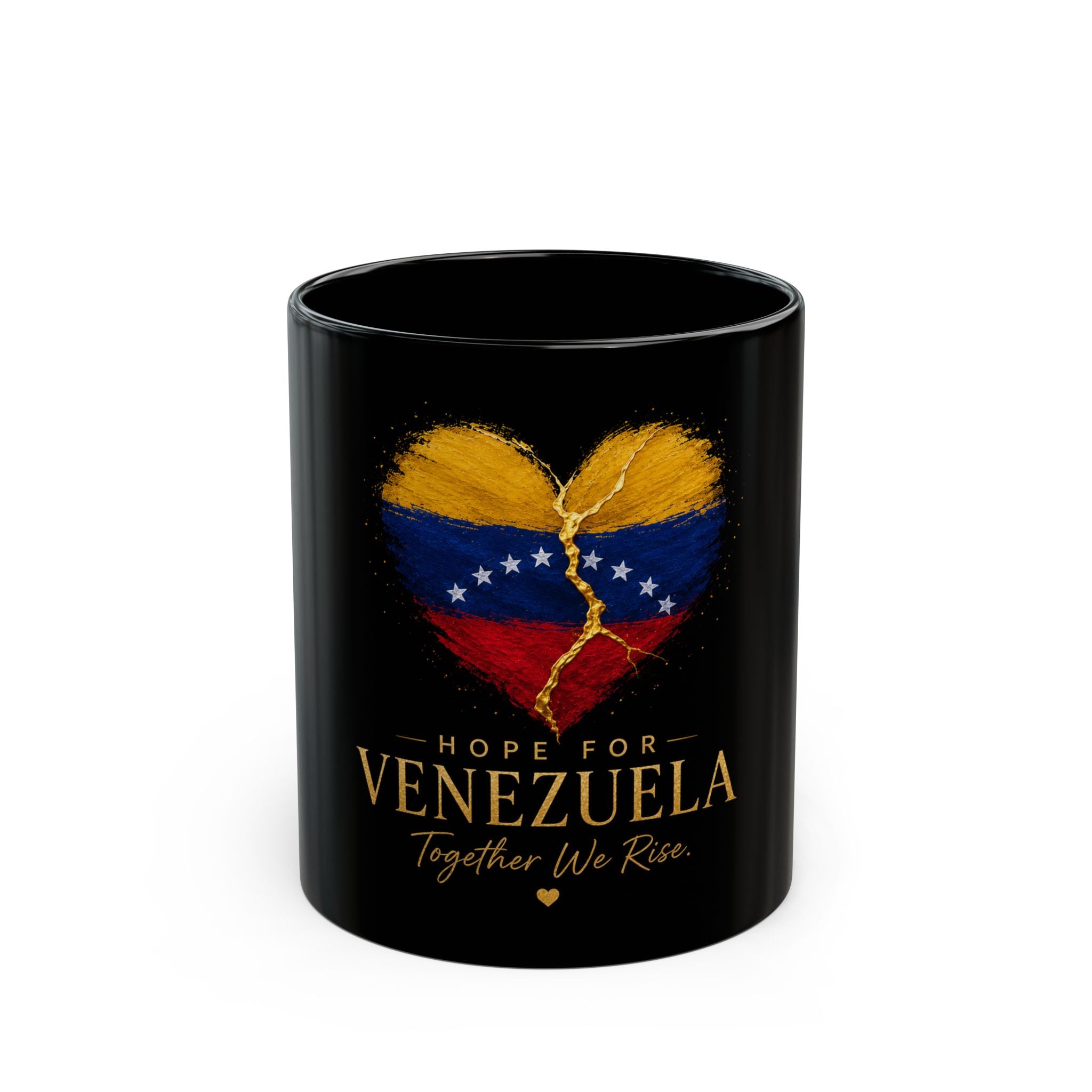 Hope for Venezuela Black Mug – Heart Flag Design “Together We Rise” (11oz & 15oz)